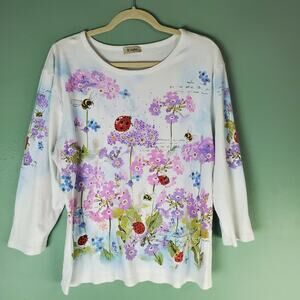 Cactus Womens White Ladybug Bee Flower Long Sleeve Graphic Tee Size 2X